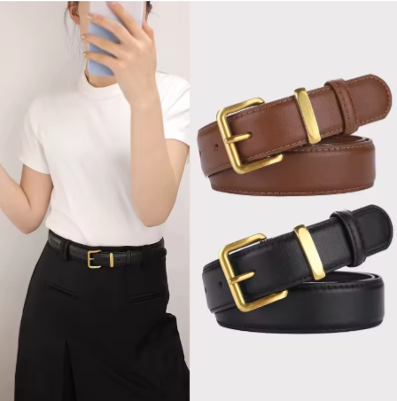 Ceinture de luxe en cuir véritable pour femmes, avec robe en jean, boucle dorée de 2.8cm de large, mode femme, ceinture en cuir de vache noir et marron