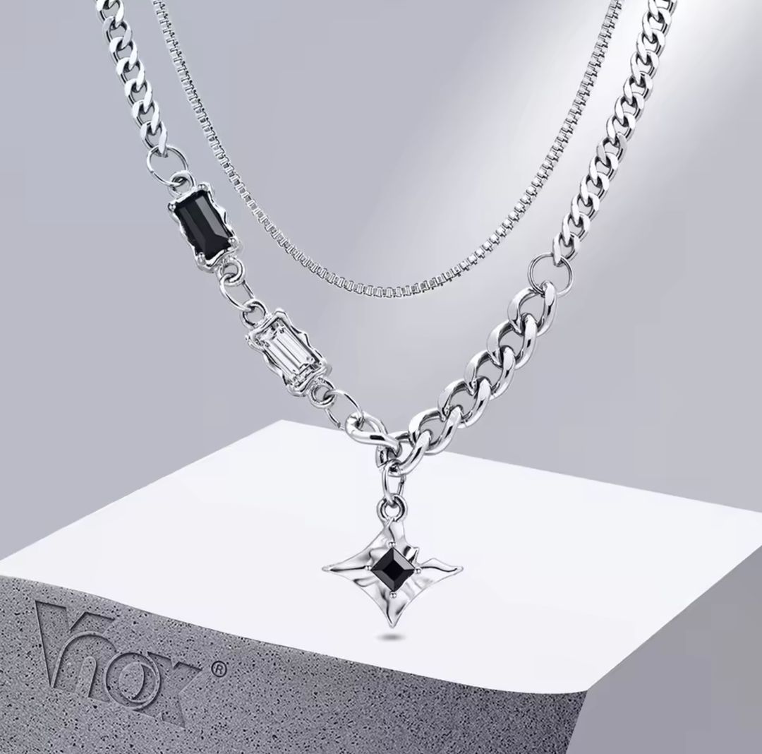Collier Vnox ras du cou à breloque étoile noire – Chaîne double en acier inoxydable, style unisexe