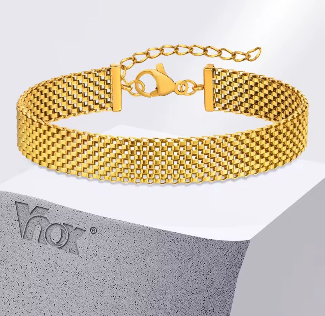 Vnox – Bracelet en acier inoxydable unisexe, plaqué or, design en maille et maillons, bijou étanche fait à la main