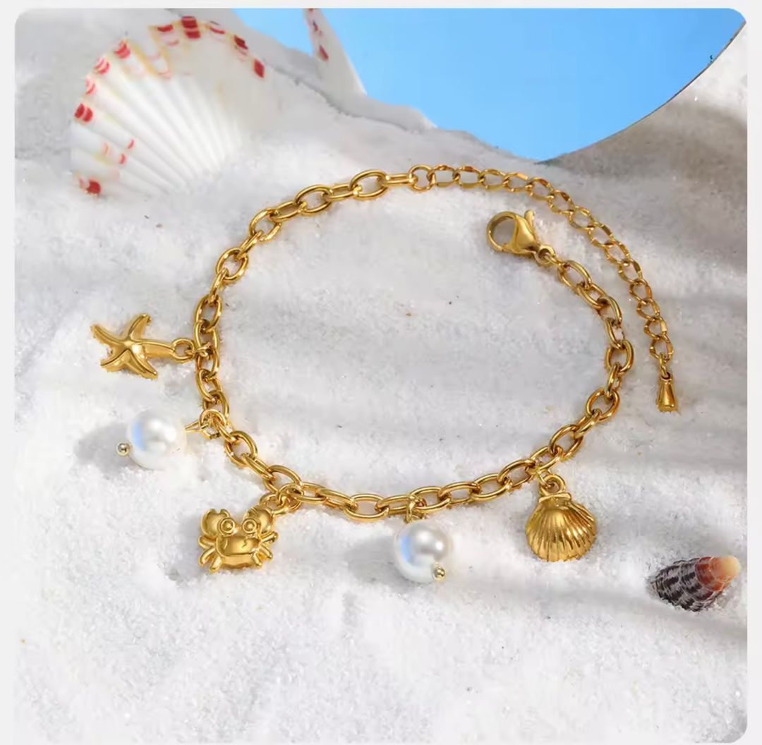 Vnox – Bracelet étoile de mer en coquillage et perles pour femmes, chaîne à breloques en acier inoxydable, bijou élégant