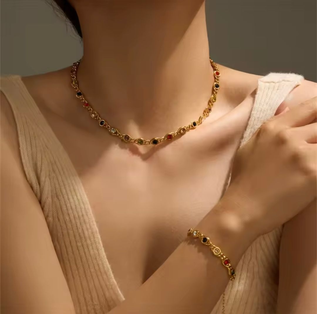 Ensemble Collier et Bracelet Femme en Acier Inoxydable 316L, Couleur Métal Zircon – Bijoux Mode, Étanches et Durables
