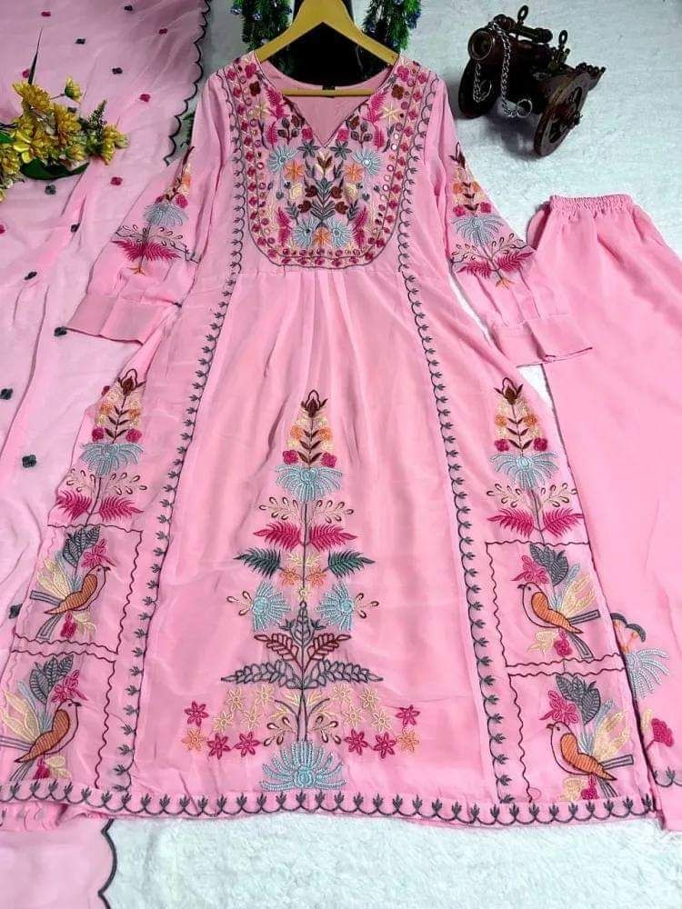Pink Faux Georgette Designer Embroidery Party Wear Top Palazzo & Dupatta Set Stitched