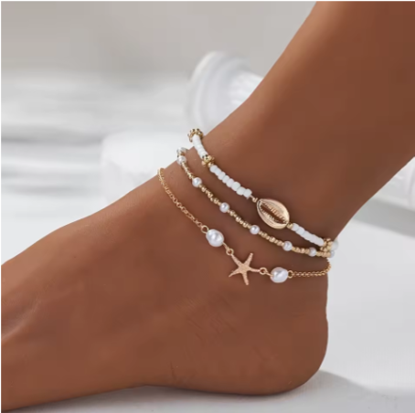 Chaînes de cheville de Style bohème pour femmes, accessoires de pied à trois couches avec perles de riz, coquillages et étoile de mer