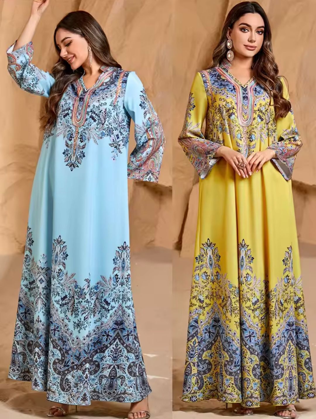 Abaya longue imprimée pour femmes – Robe musulmane élégante style Dubaï et Jalabiya arabe