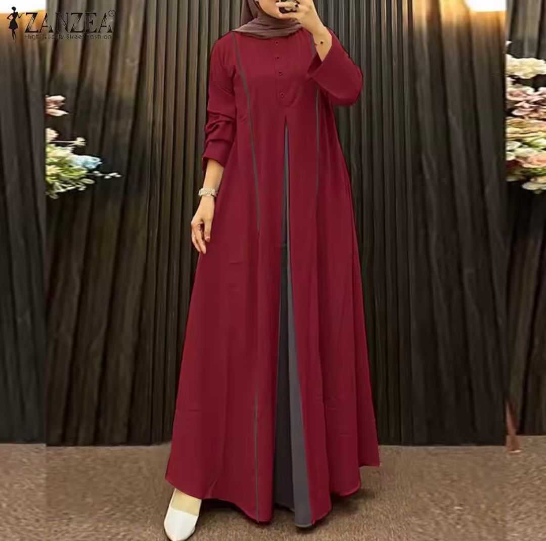Abaya décontractée pour femmes – Robe ample à manches longues, style contrasté