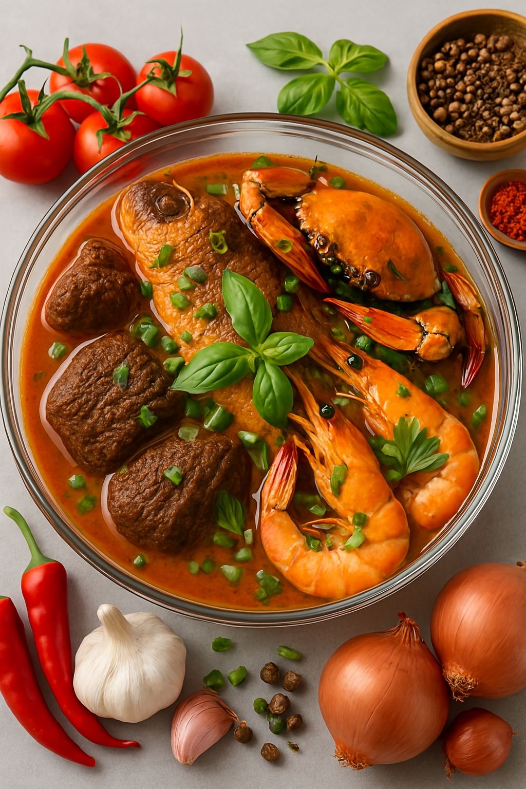Ghanaian 'Sea Jungle' Light Soup (Red fish, prawns, crabs, toolo beef)