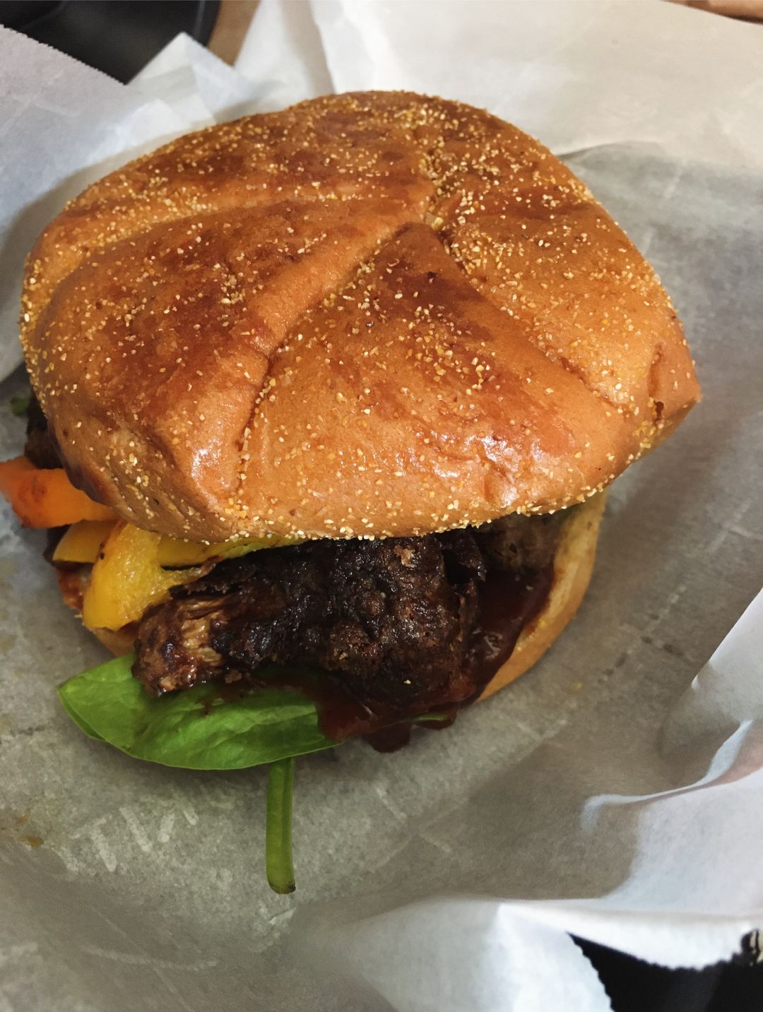 Fried Jerk Cauliflower Burger with Plaintain Chips