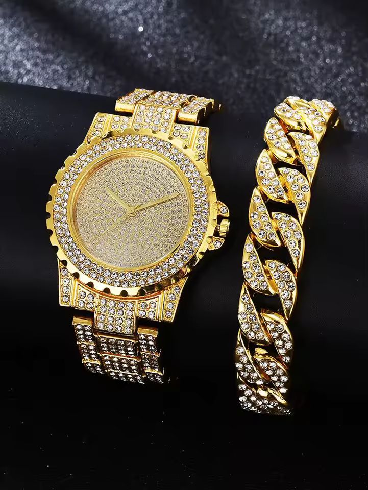 Golden Iced Watch Steel + Bracelet + Jewelry box