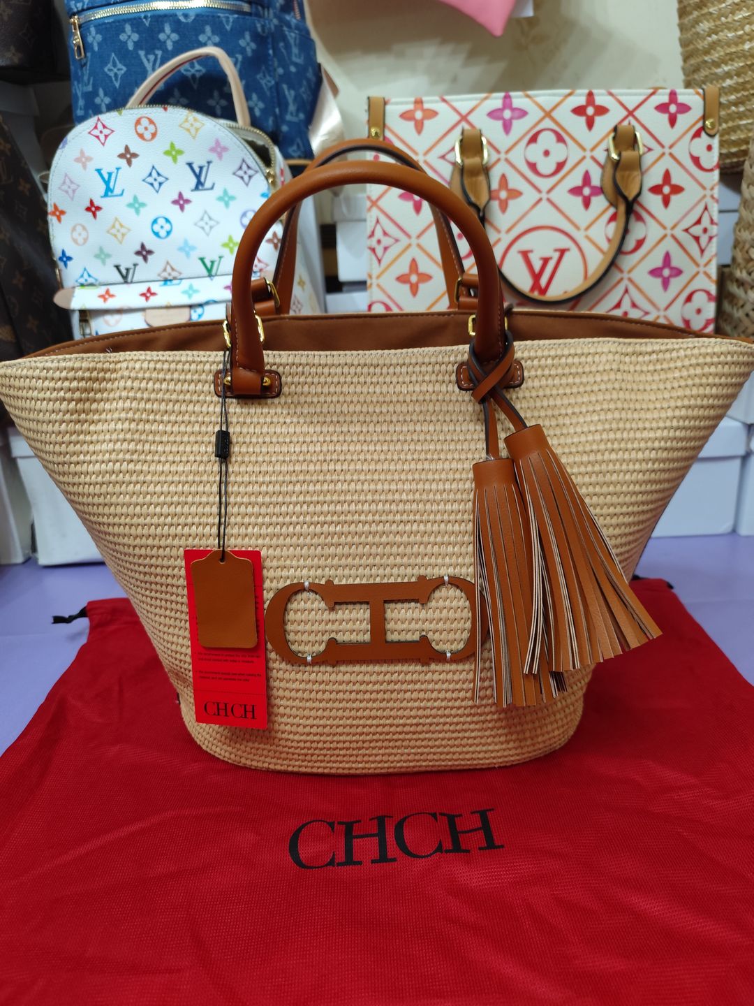 Bolsos CH, alta calidad, rafia fina con piel marron