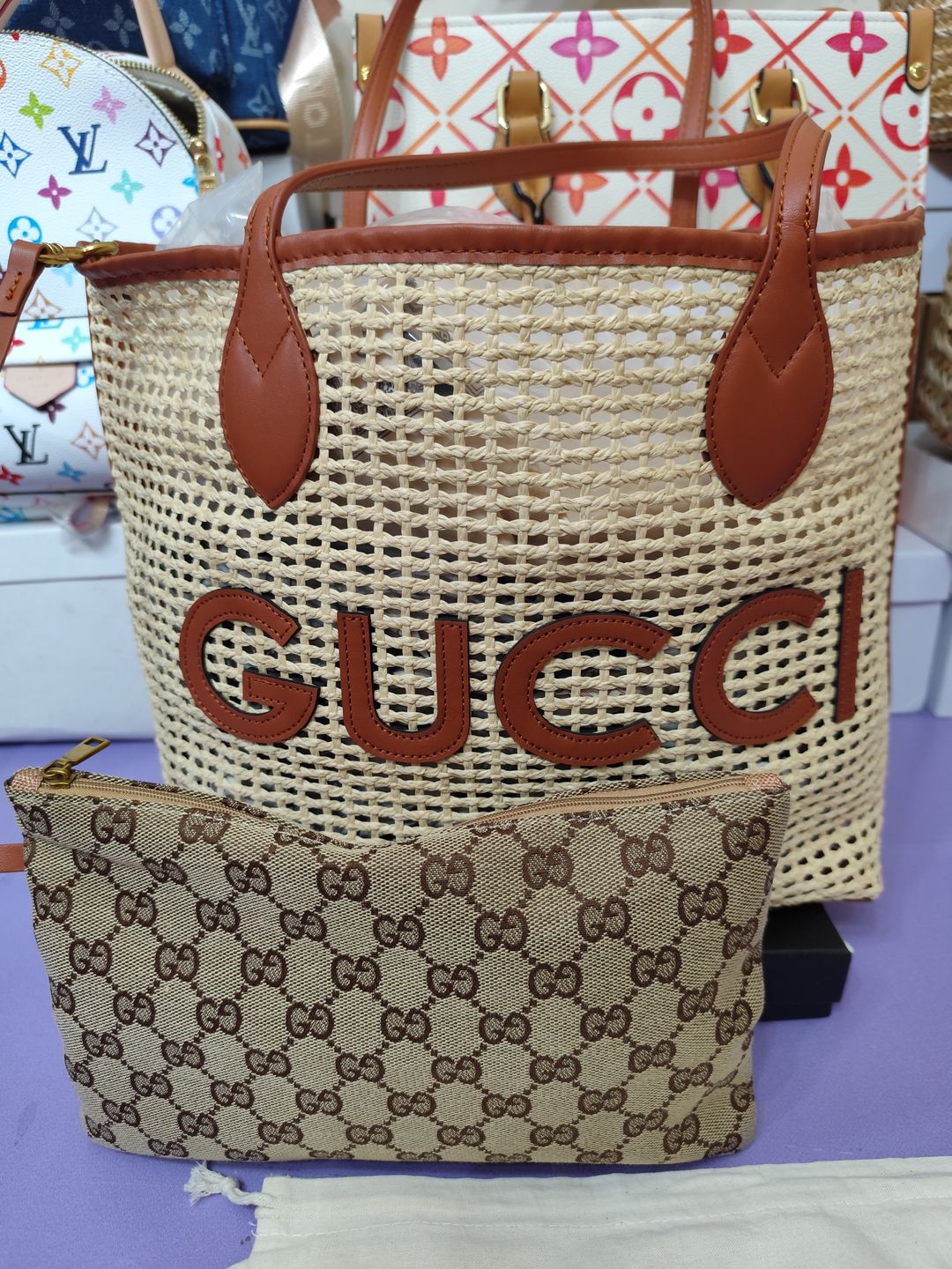 Bolsos GG, alta calidad, rafia fina con piel marron