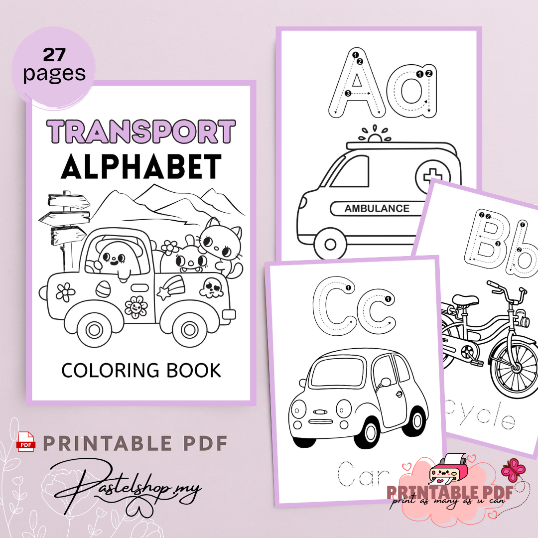 🚑 Transport Alphabet Coloring Book • Printable PDF • Buku Mewarna ABC & Kenderaan Comel