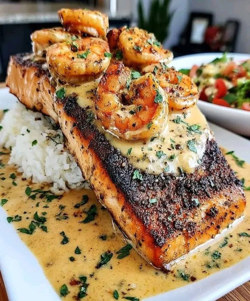 BLACKENED SALMON WITH SHRIMP CREAM SAUCE