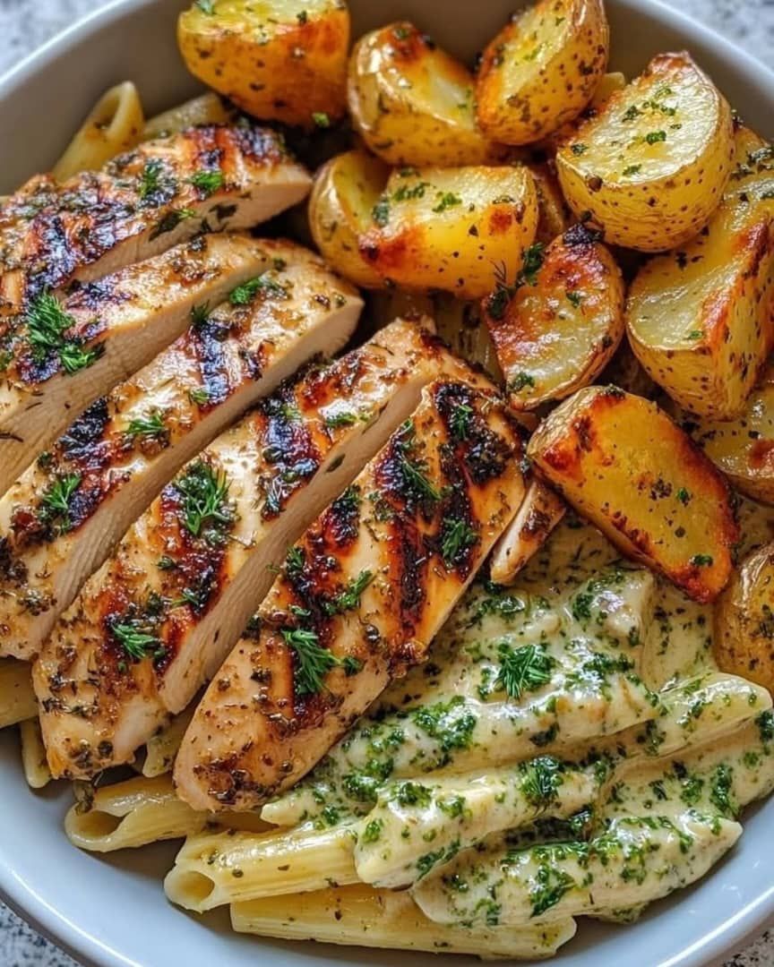 Grilled Chicken with Pesto Alfredo Penne & Roasted Potatoes 🍗🍝🥔