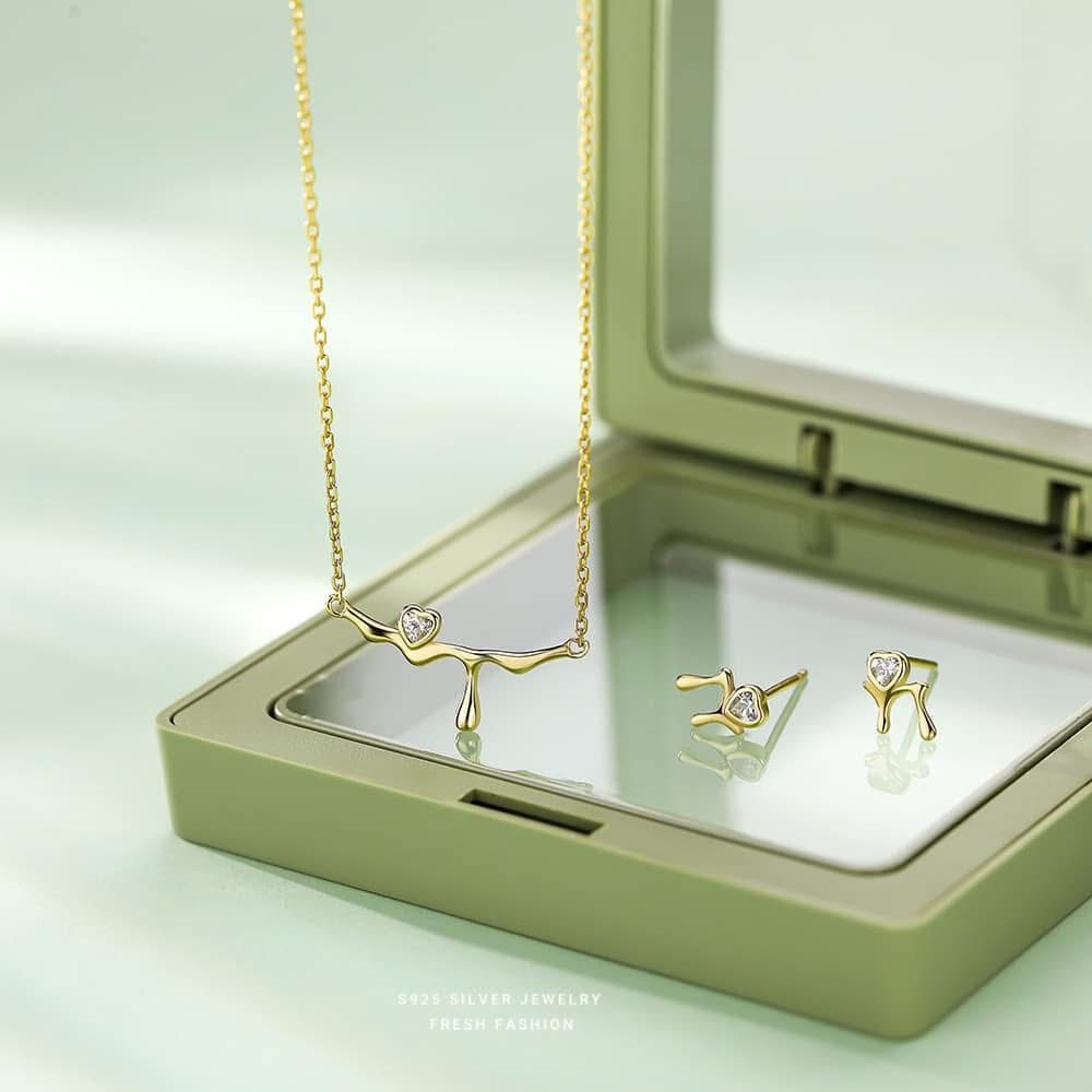 Ensemble petit cœur pur - Argent blanc 92,5% plaqué Or 18 carats