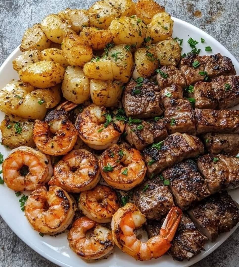 Grilled Steak,Shrimps and Roasted Potatoes