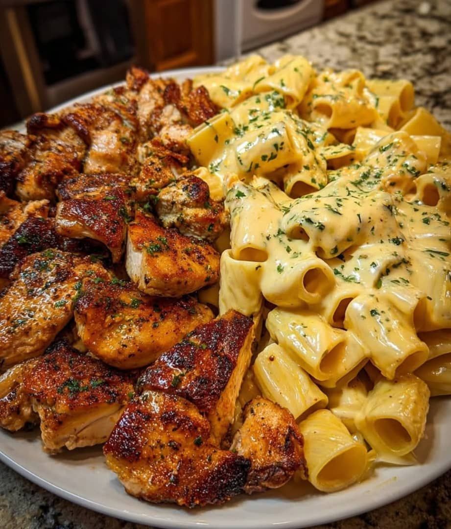 GRILLED CHICKEN WITH CREAMY CHEESE RIGATONI 🍗🧀🍝