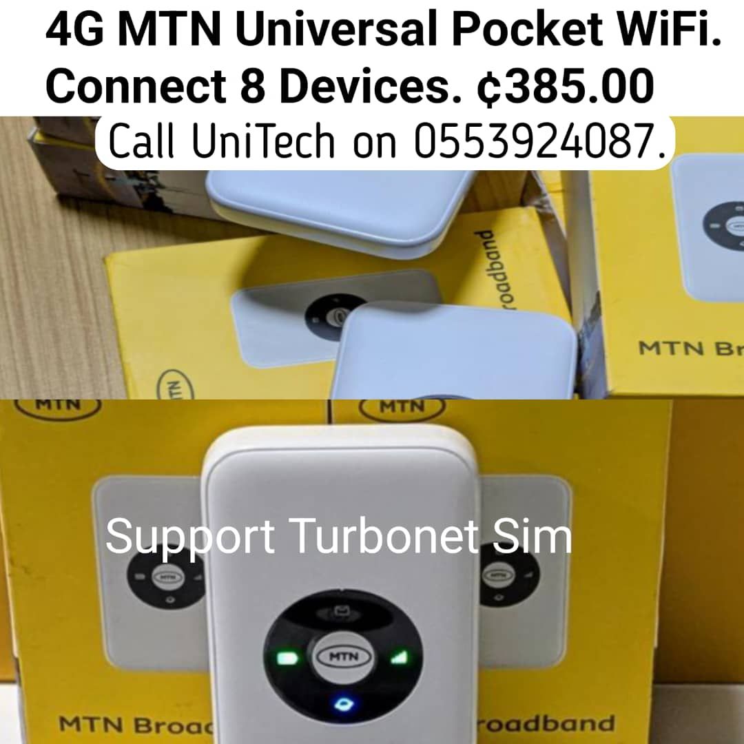 4G MTN Pocket Wifi for your home. It can connect 8 devices at once. Easy to carry along. Strong battery.
