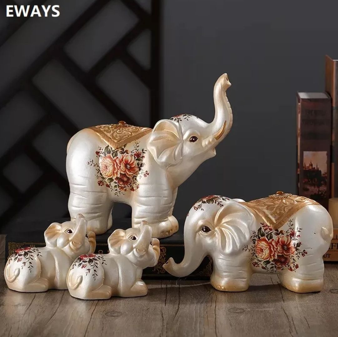 Pajangan Patung Gajah Family Dekorasi Keberuntungan FengShui Dekorasi Kreatif Lemari Kaca Rak Cabinet Samping TV Meja Kantor 1 Set 4 Pcs