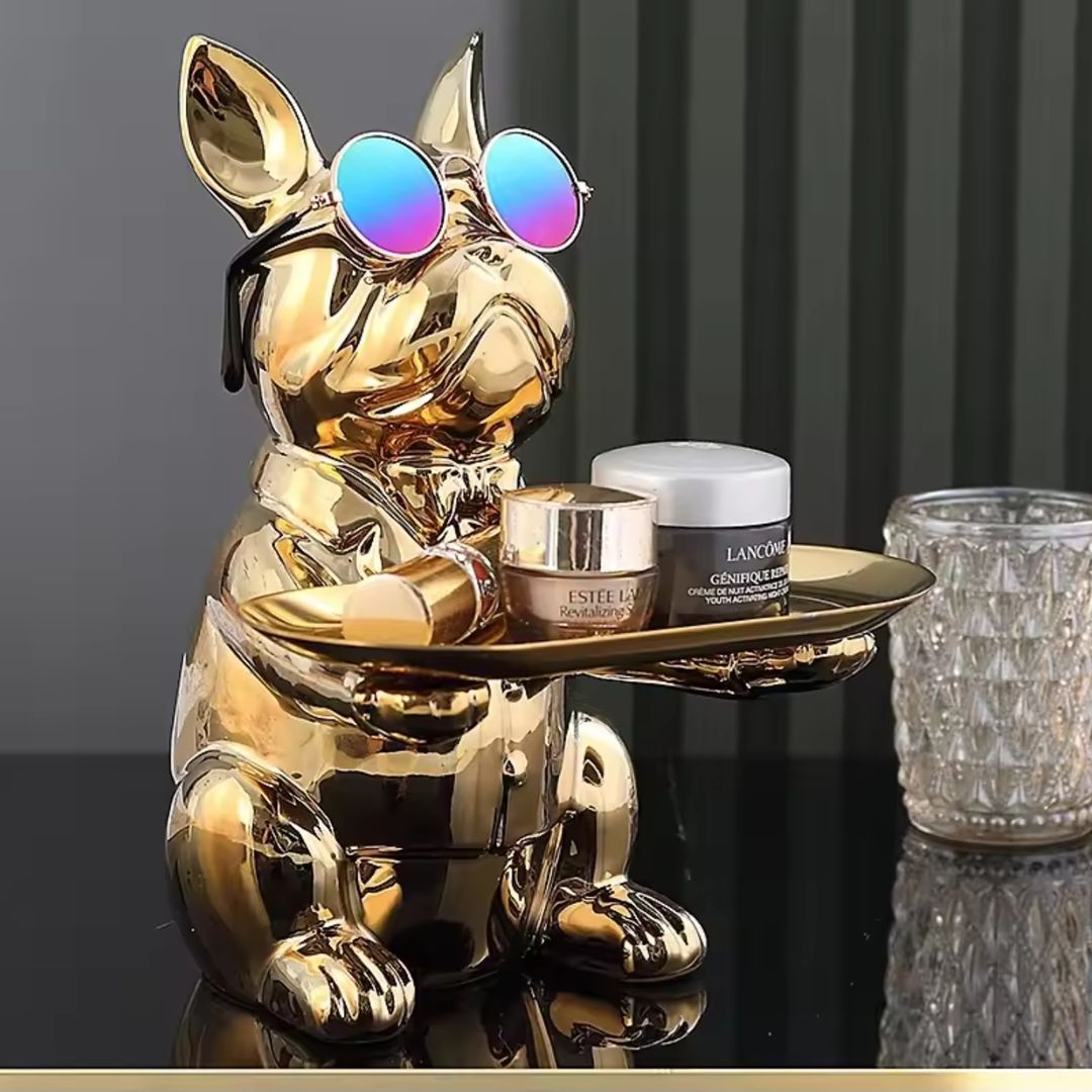 Patung Pajangan Bulldog Prancis Dekorasi Meja Kantor Nampan Stainless Tray Organizer Penyimpanan Multifungsi Kreatif Bahan Premium