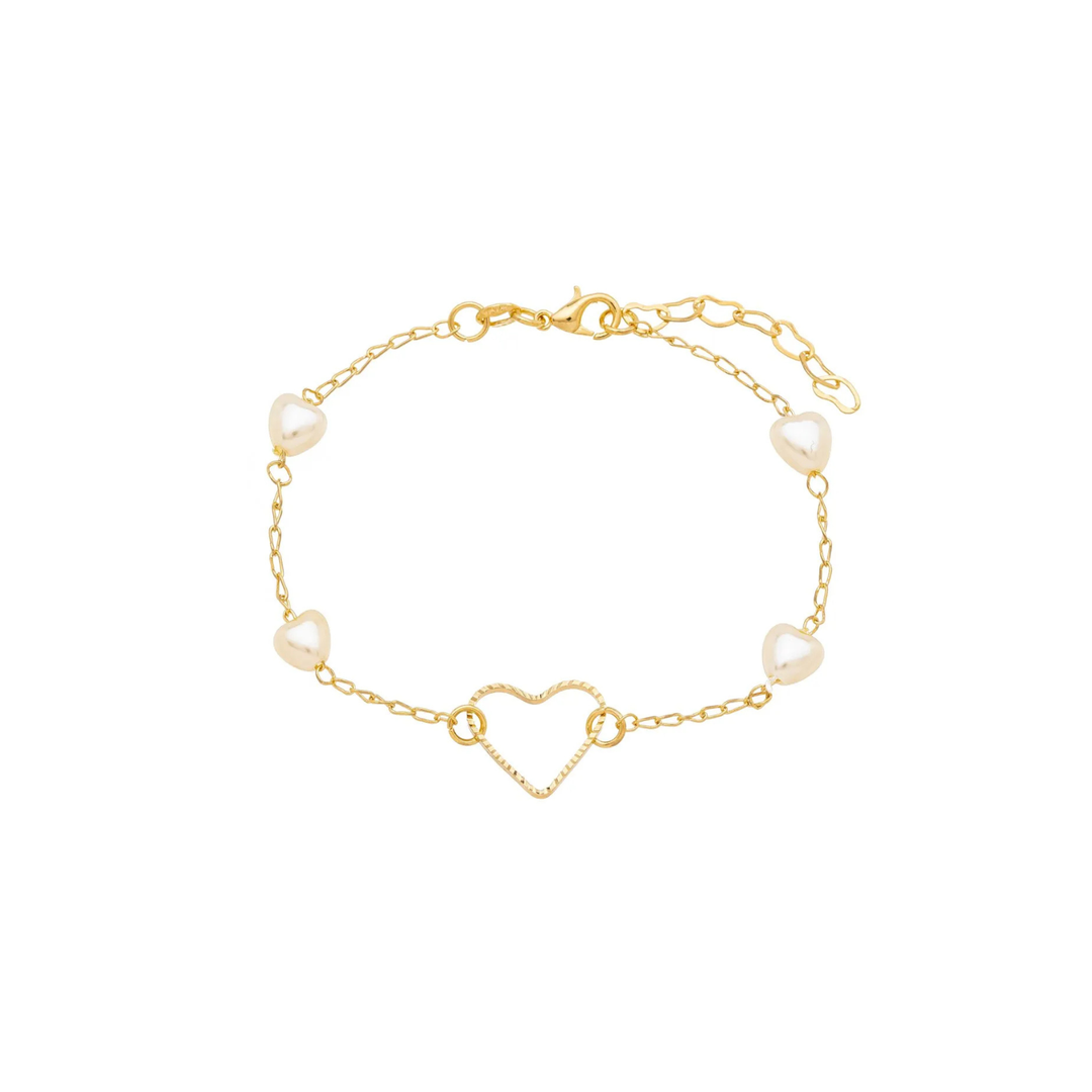 Pulseira com Pérolas e Coração banhada a Ouro 18k