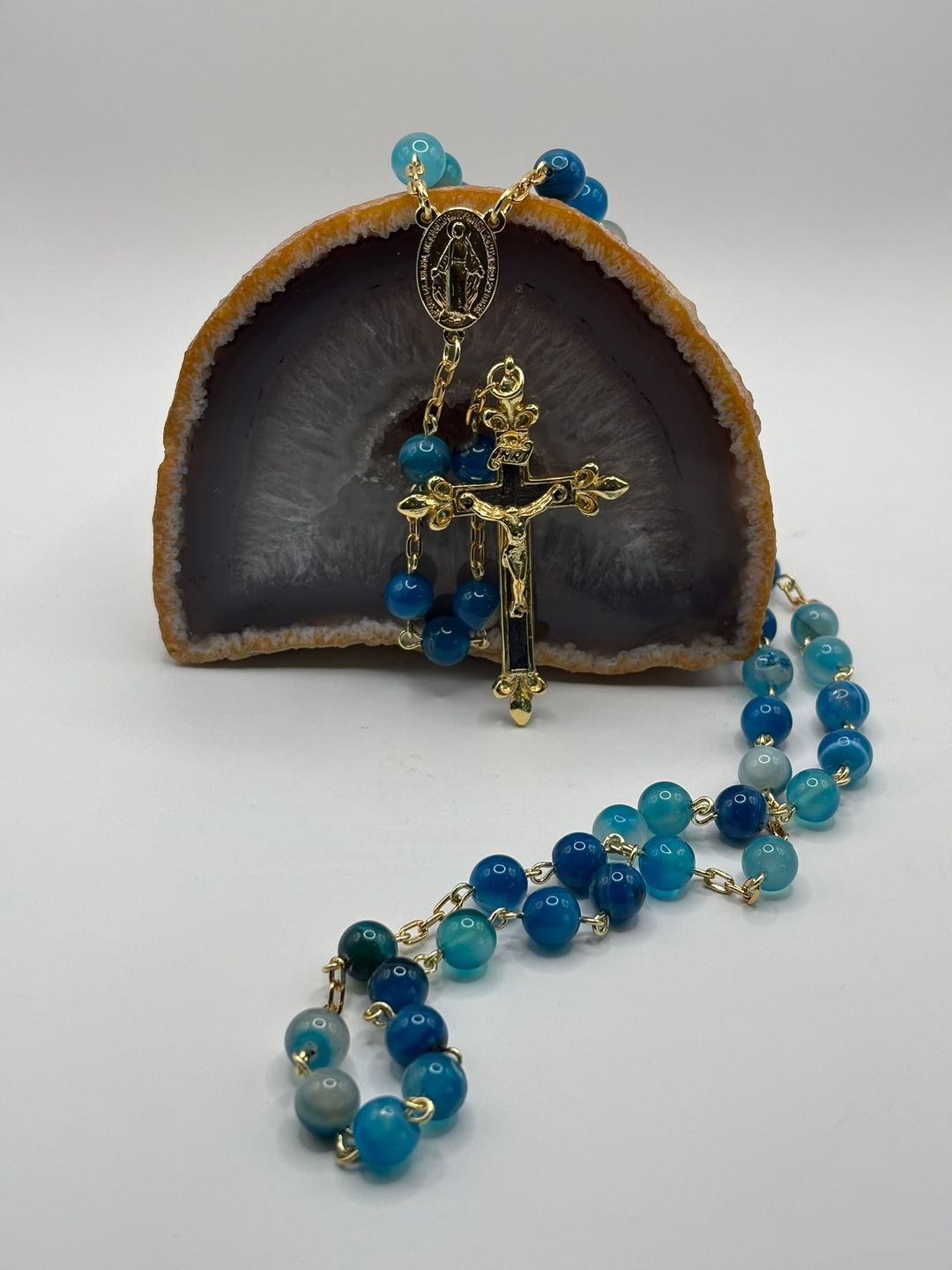 Rosario de Ágata Azul de 8mm Chapado en oro 18k