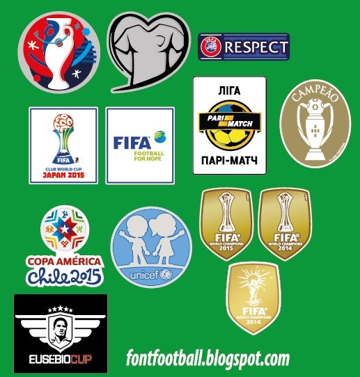 Patch Badge Euro 2016 french Respect Fifa club world cup japan 2015 Barcelona Fifa for hope Fifa world champions 2015 2014 Real Madrid 2014 Germany Final Copa america 2015 Unicef Pari match Shakhtar Donetsk Eusebio Campeao Liga Portugal cup Vector