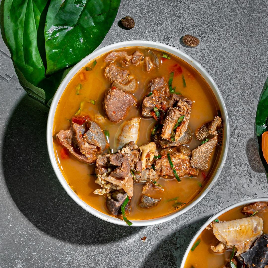Peppersoup goat,pork, fish,intestine