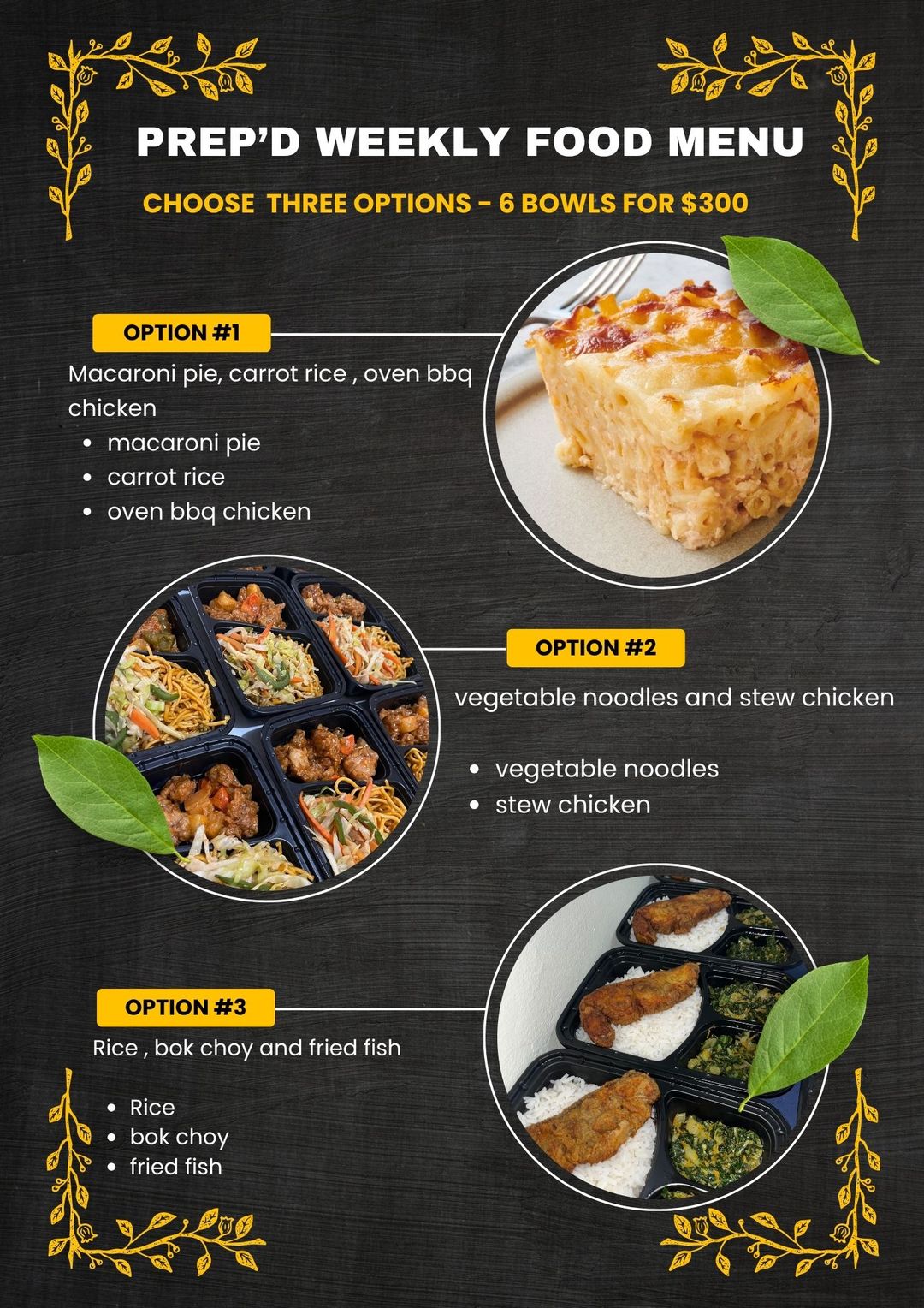 Regular food options (6 bowls)