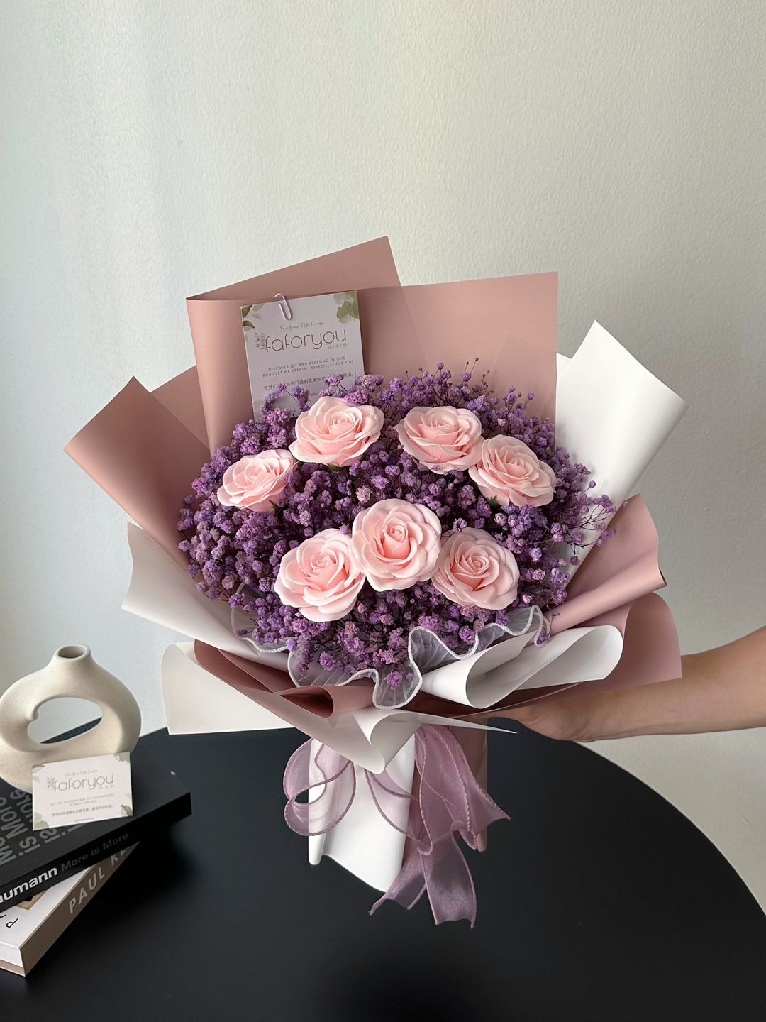 7 Stalk Awakening Soap Rose Baby Breath Bouquet 