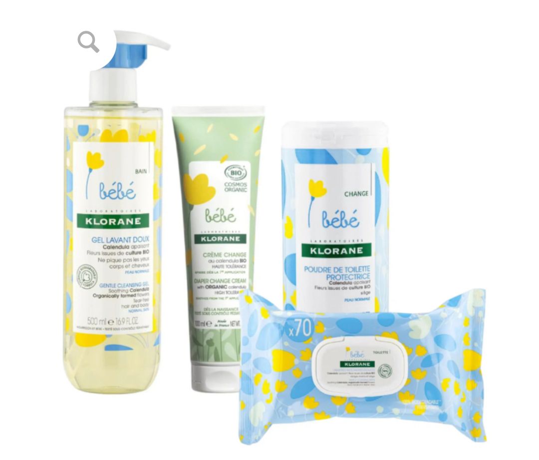 Klorane Gamme Nettoyage Parfait pour Bébé GEL DOUCHE + CREME CHANGE + POUDRE + LINGETTES