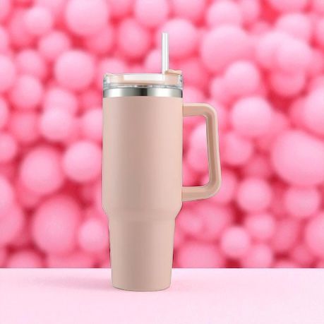 1200ml Double Wall Travel Mug Stainless Steel Vacuum Flask with Straw Hot/Cold - Pink
