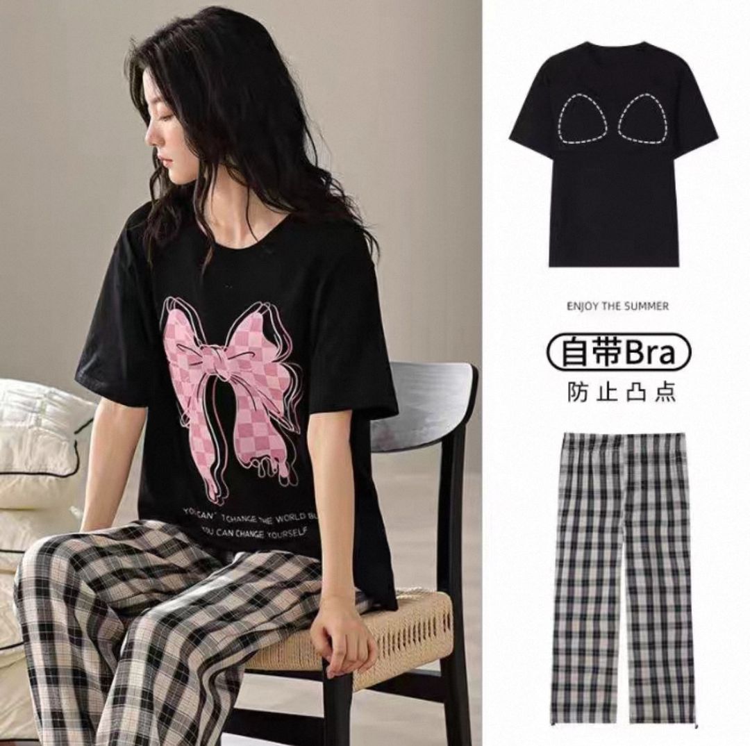 Bow Black pajama set with bra pads 