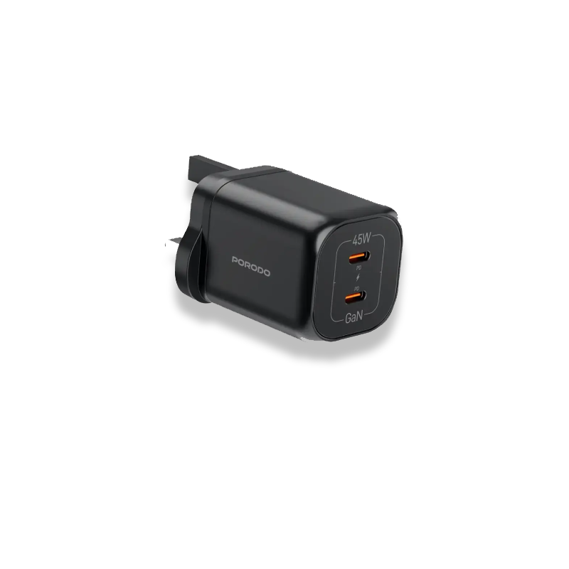 Porodo PD45 GaN Dual USB-C Fast Charger UK Plug - Black 