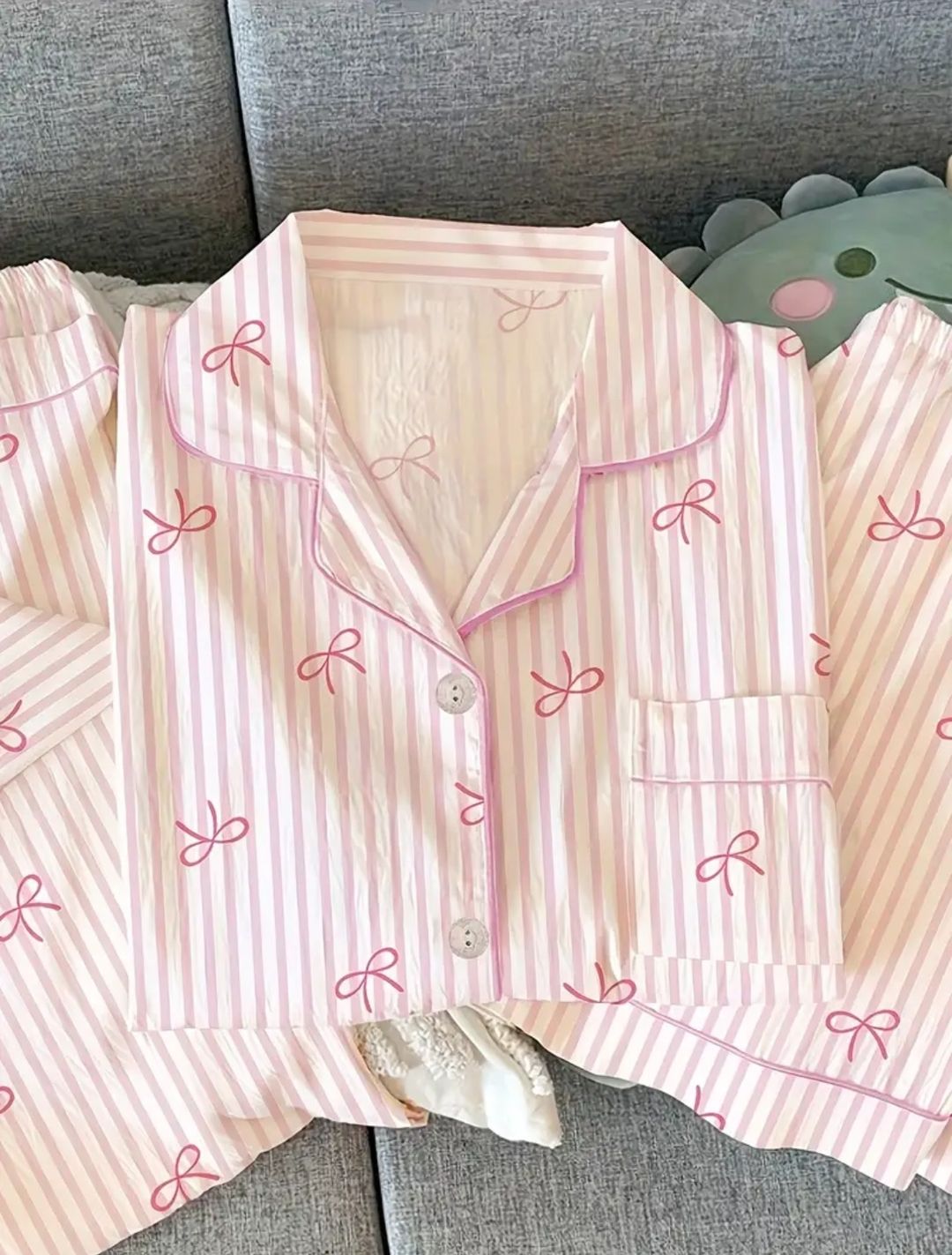 Pink bow  short sleeves pajama 3 pieces set