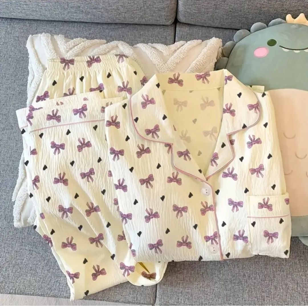 Pink bow  short sleeves pajama 3 pieces set