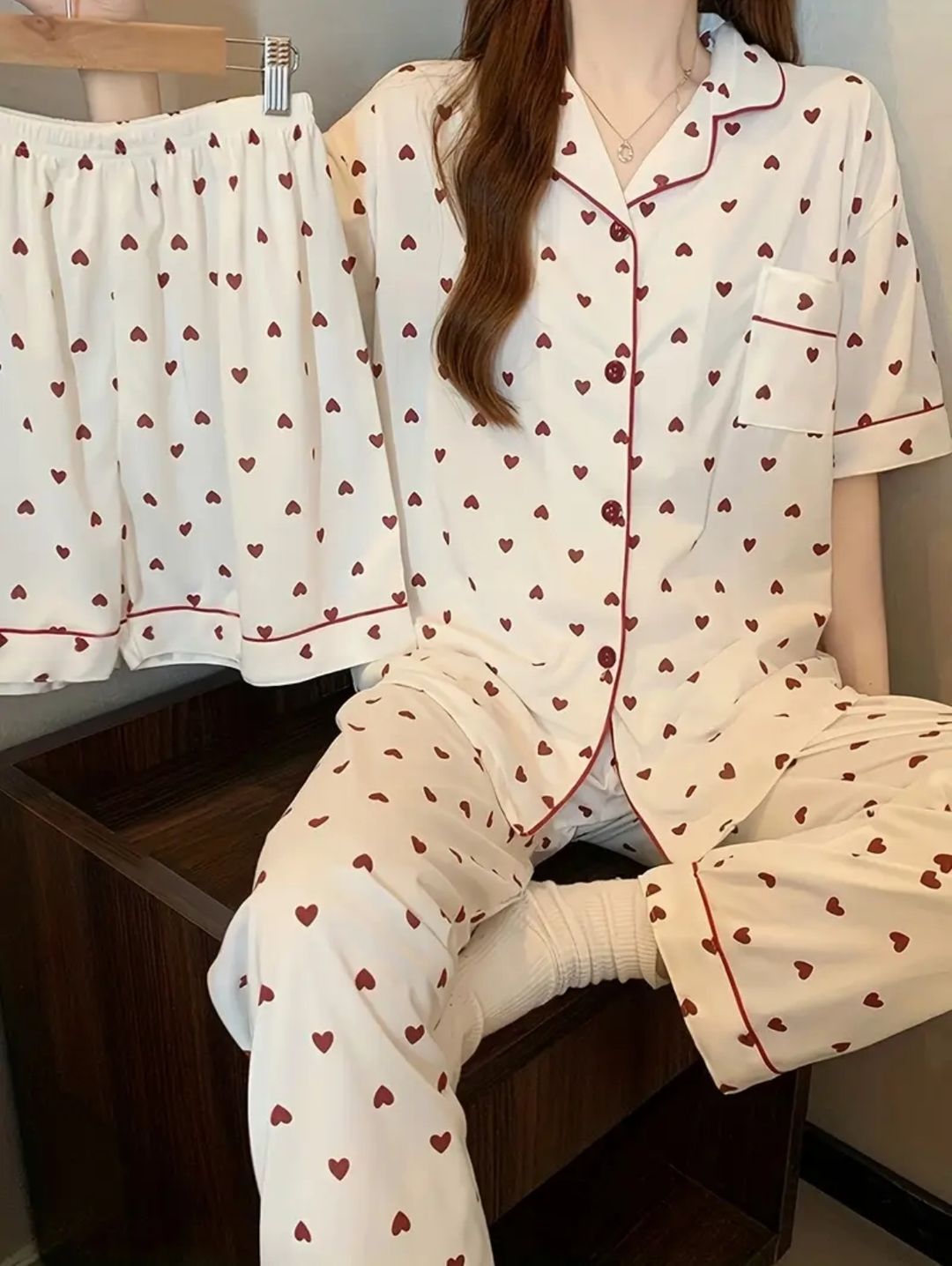 Hearts short sleeves pajama 3 pieces set