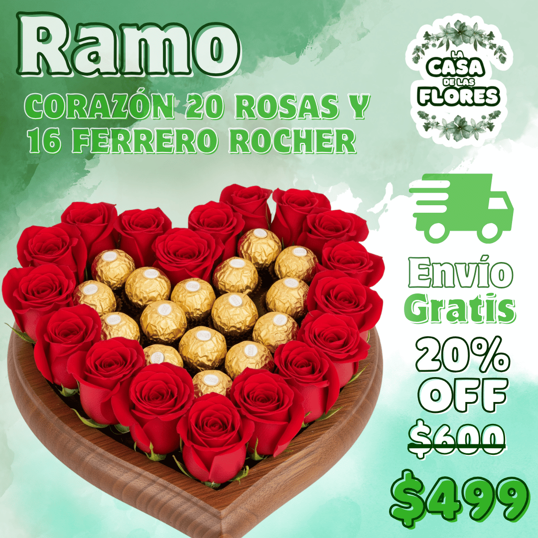 CORAZÓN 20 ROSAS Y 16 FERRERO ROCHER