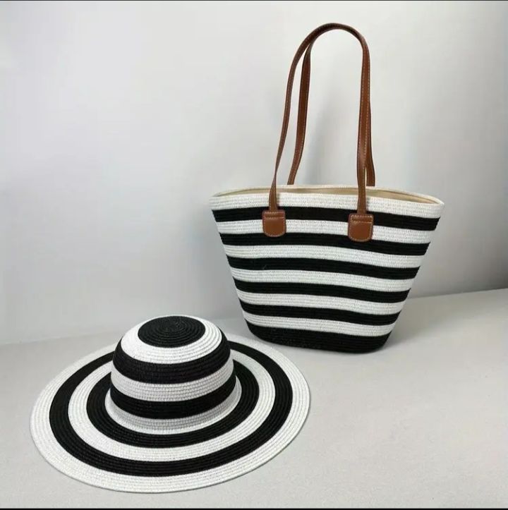 2Pcs Set Summer Striped Shoulder Straw Bag and Striped Sun Hat.