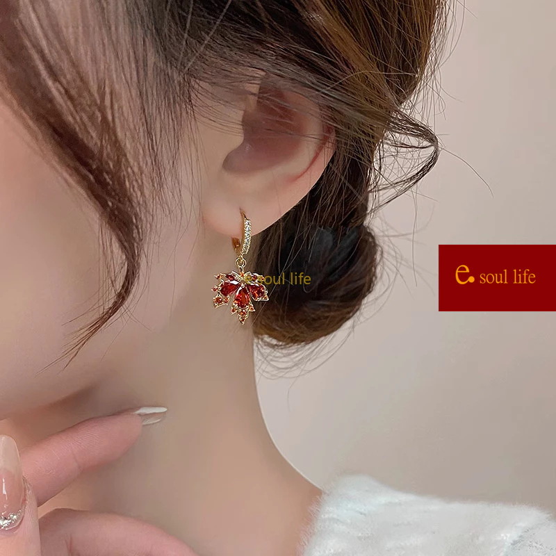 Elegant Red Maple Leaf Zircon Drop Earrings – Women's Dangle Jewelry