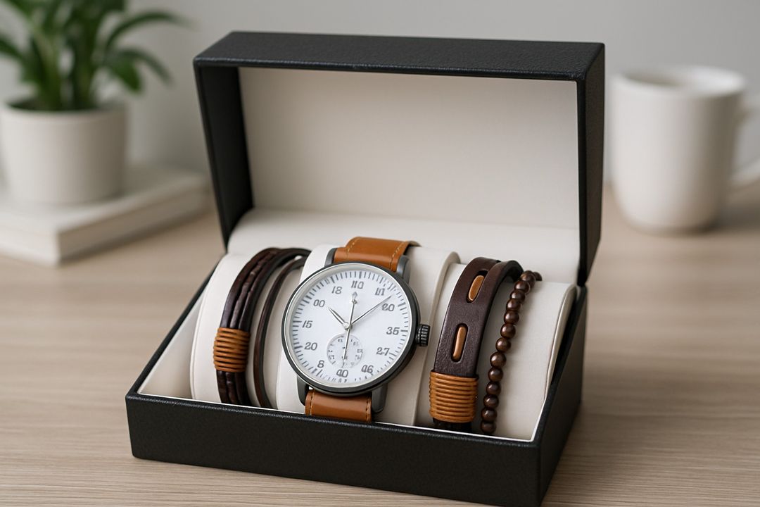 Combo montre ⌚ & bracelet marron en cuir + coffret 