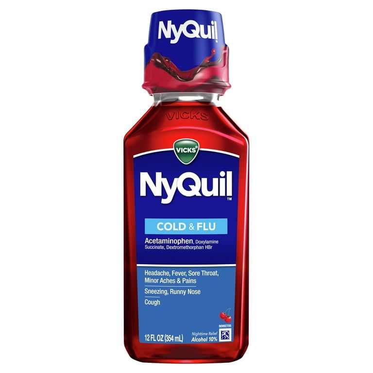 Vicks NyQuil Cold and Flu Liquid, Nighttime Cold and Flu Medicine, Cherry, 12 Fl oz