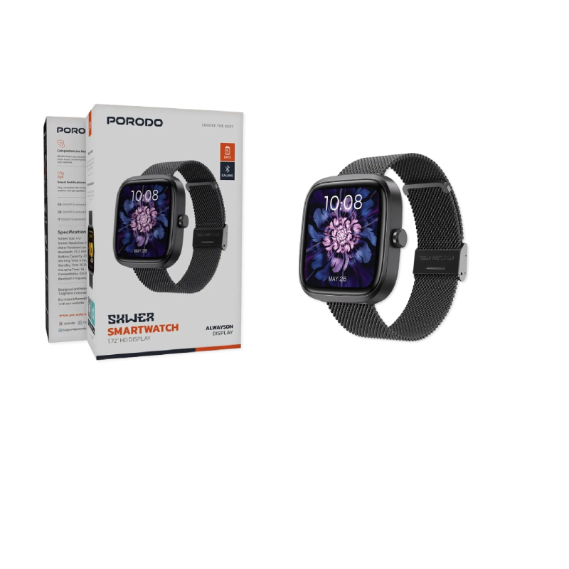 Porodo 1.72 Smart Watch Alumimium Frame + Black Mesh Metal