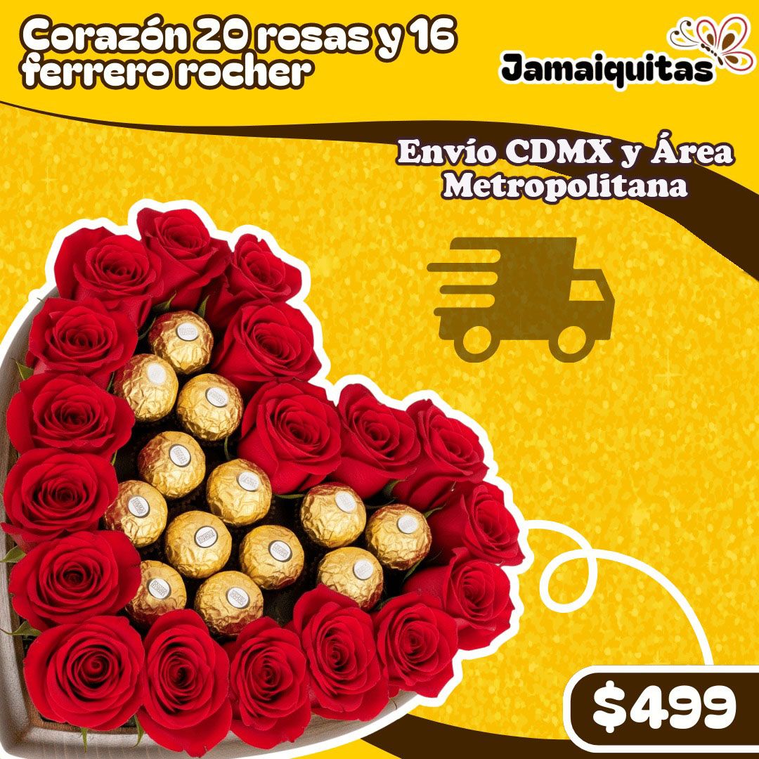 CORAZÓN 20 ROSAS Y 16 FERRERO ROCHER