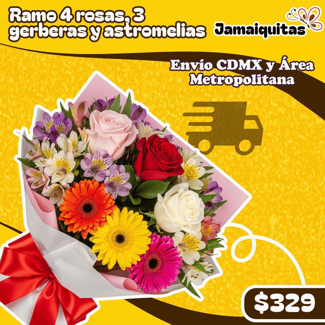 RAMO 4 ROSAS, 3 GERBERAS Y ASTROMELIAS