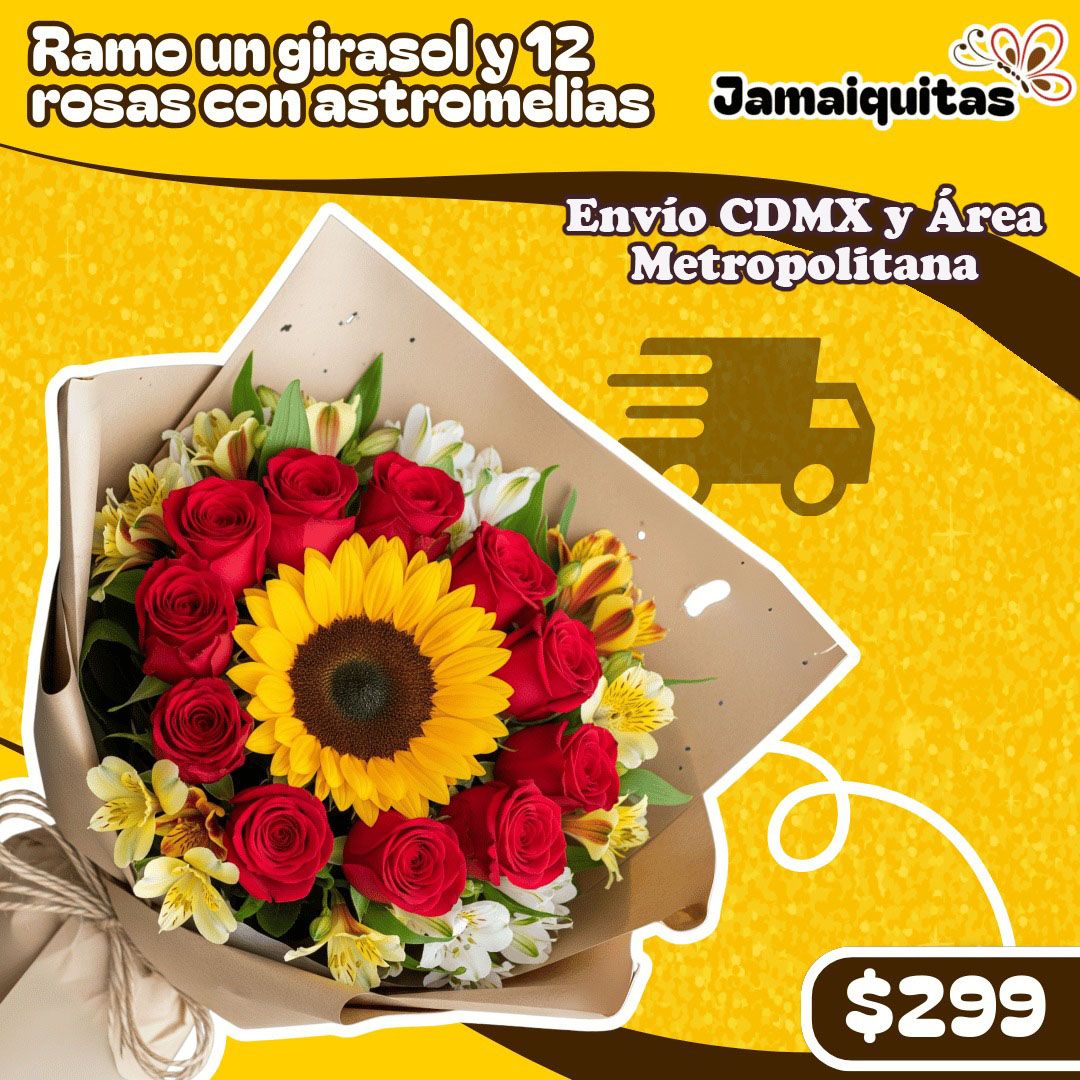 RAMO 12 ROSAS, UN GIRASOL Y ASTROMELIAS