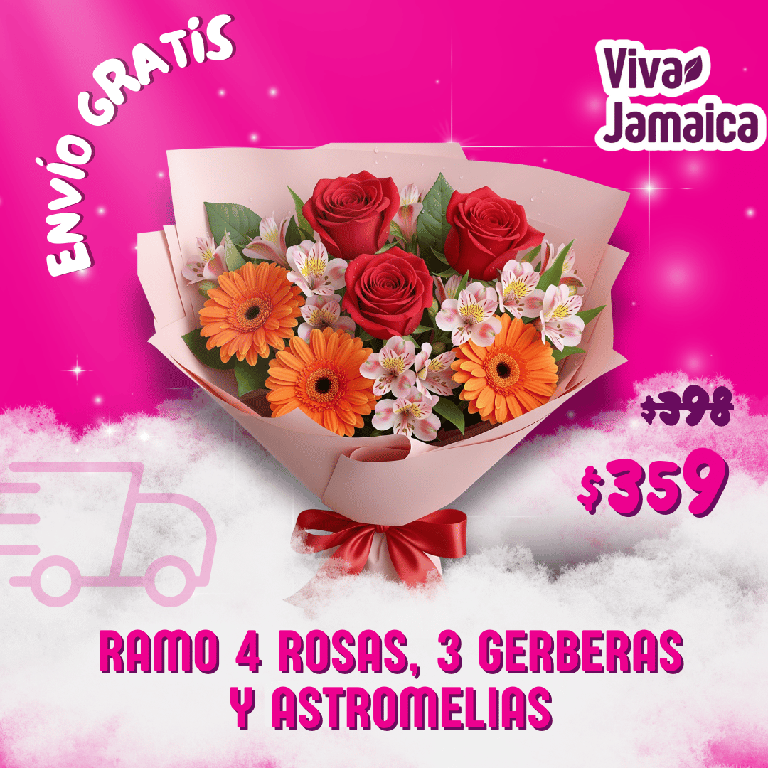 RAMO 4 ROSAS, 3 GERBERAS Y ASTROMELIAS