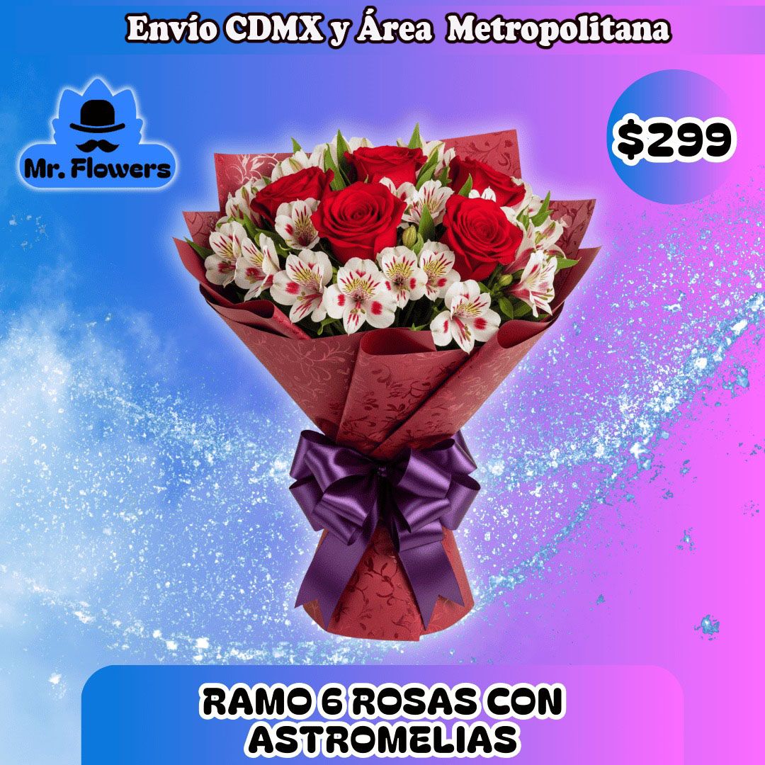 RAMO 6 ROSAS CON ASTROMELIAS