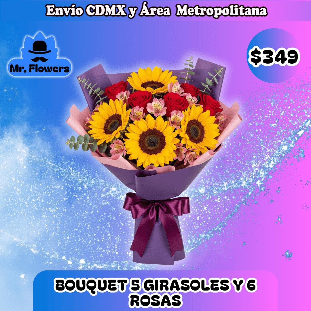 BOUQUET 5 GIRASOLES Y 6 ROSAS