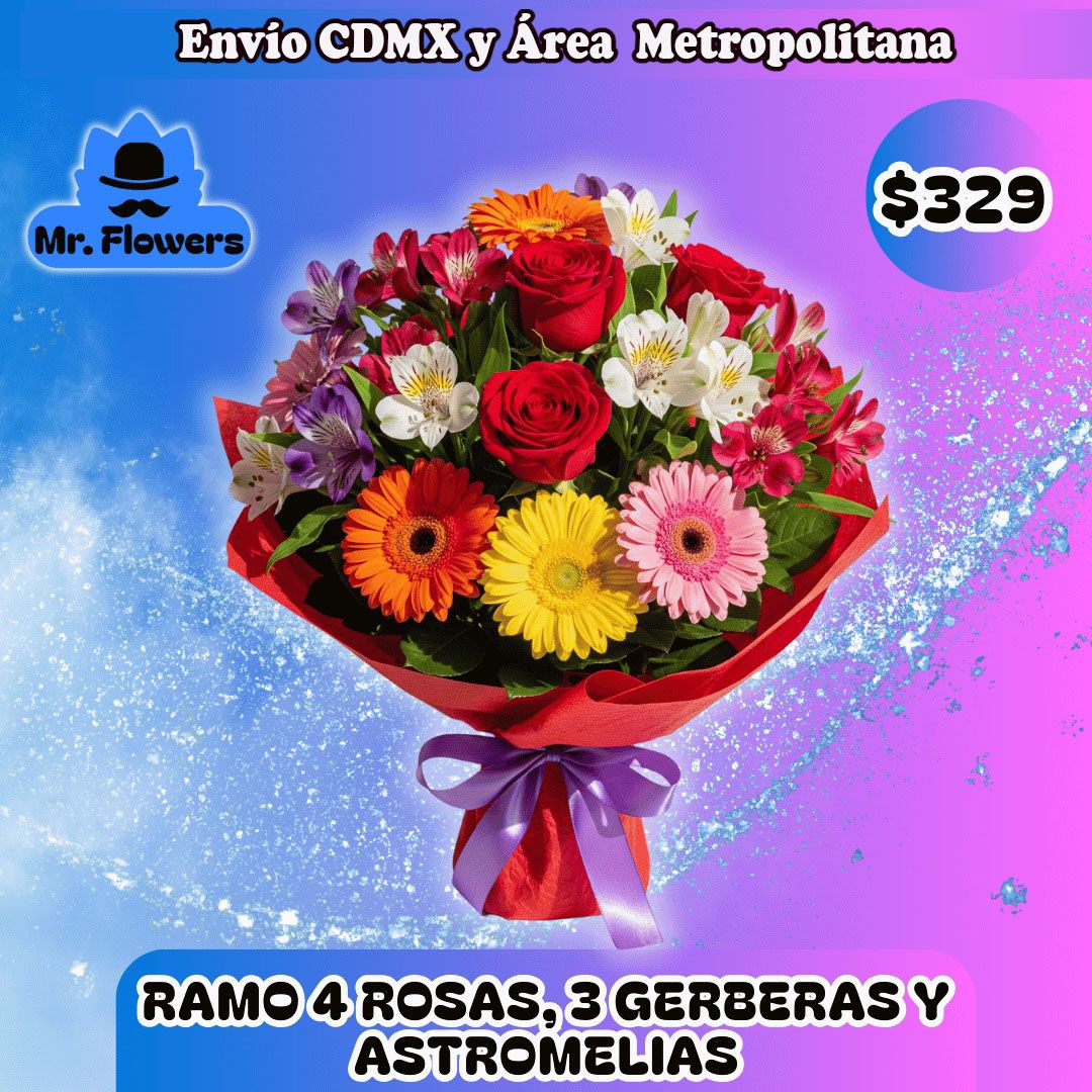 RAMO 4 ROSAS, 3 GERBERAS Y ASTROMELIAS
