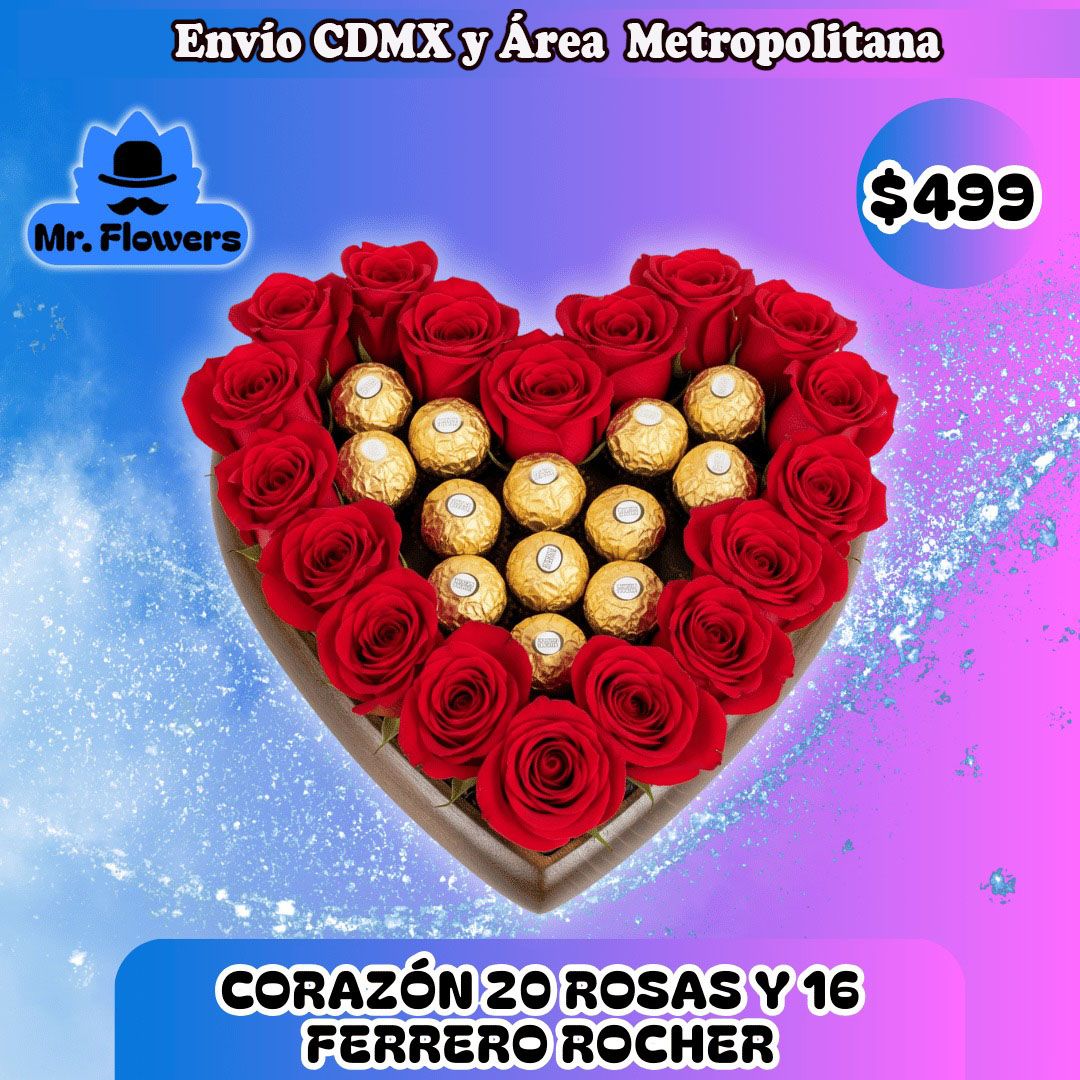 CORAZÓN 20 ROSAS Y 16 FERRERO ROCHER